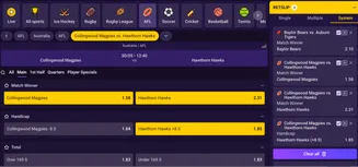 SpinBet AFL betting interface showing Collingwood Magpies vs Hawthorn Hawks odds and system betslip selections